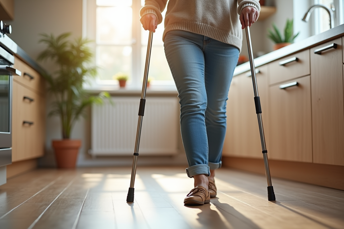 Femme âgée marchant en toute sécurité sur un sol vinyle antidérapant dans la cuisine