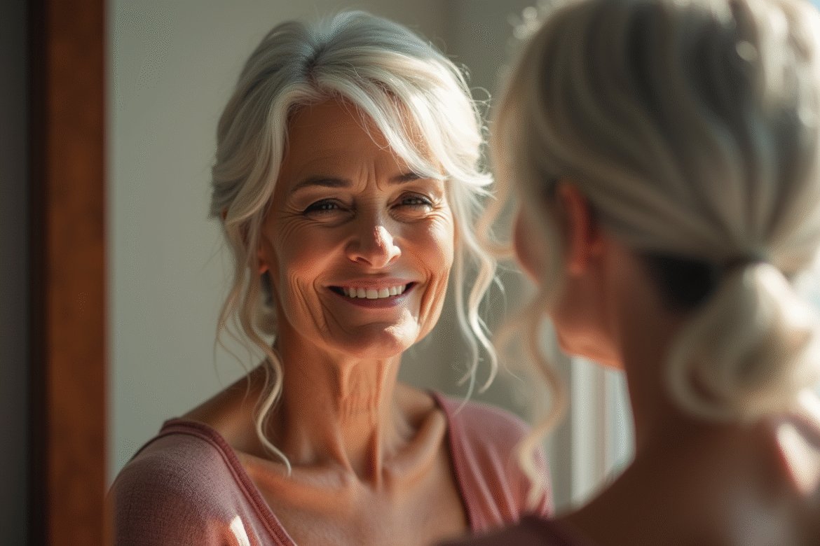 Femme senior souriante admire son reflet dans un miroir en lumière naturelle