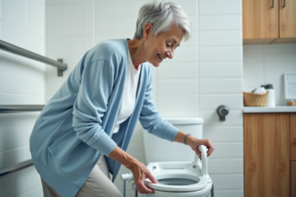 Femme senior assise sur un siège de toilette surélevé dans une salle de bain moderne