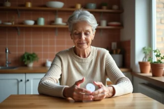 Femme senior tenant un traceur GPS personnel dans une cuisine, configurant des alertes de zone de sécurité