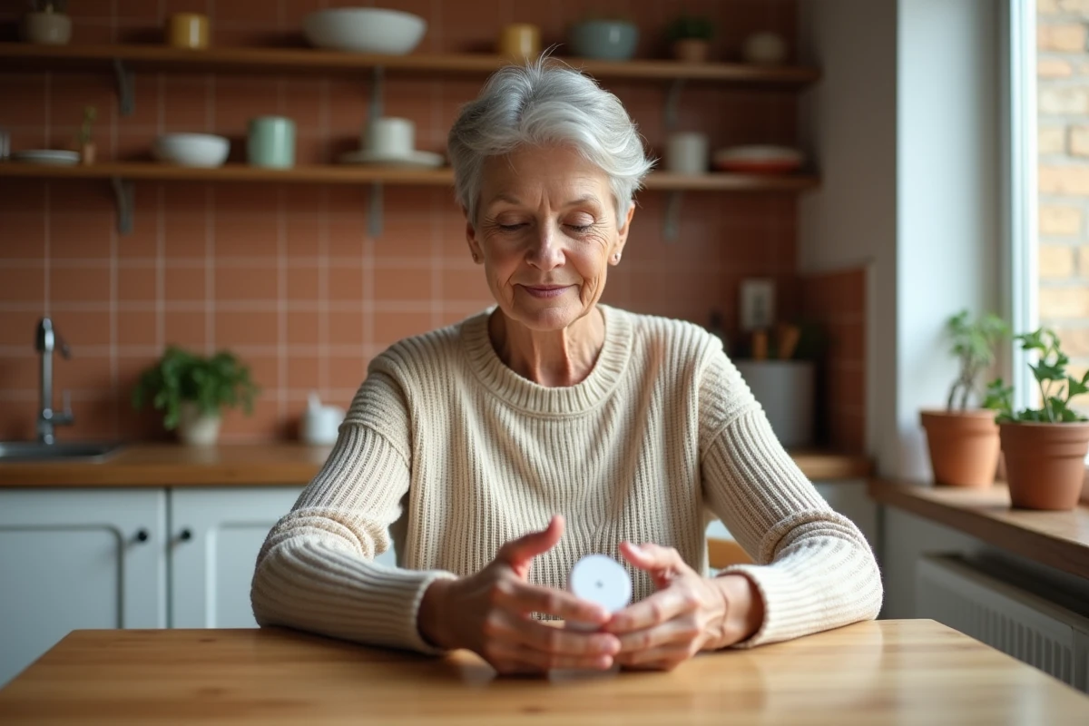 Femme senior tenant un traceur GPS personnel dans une cuisine, configurant des alertes de zone de sécurité