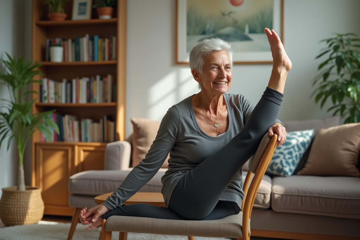 Femme senior faisant du yoga dans un salon lumineux