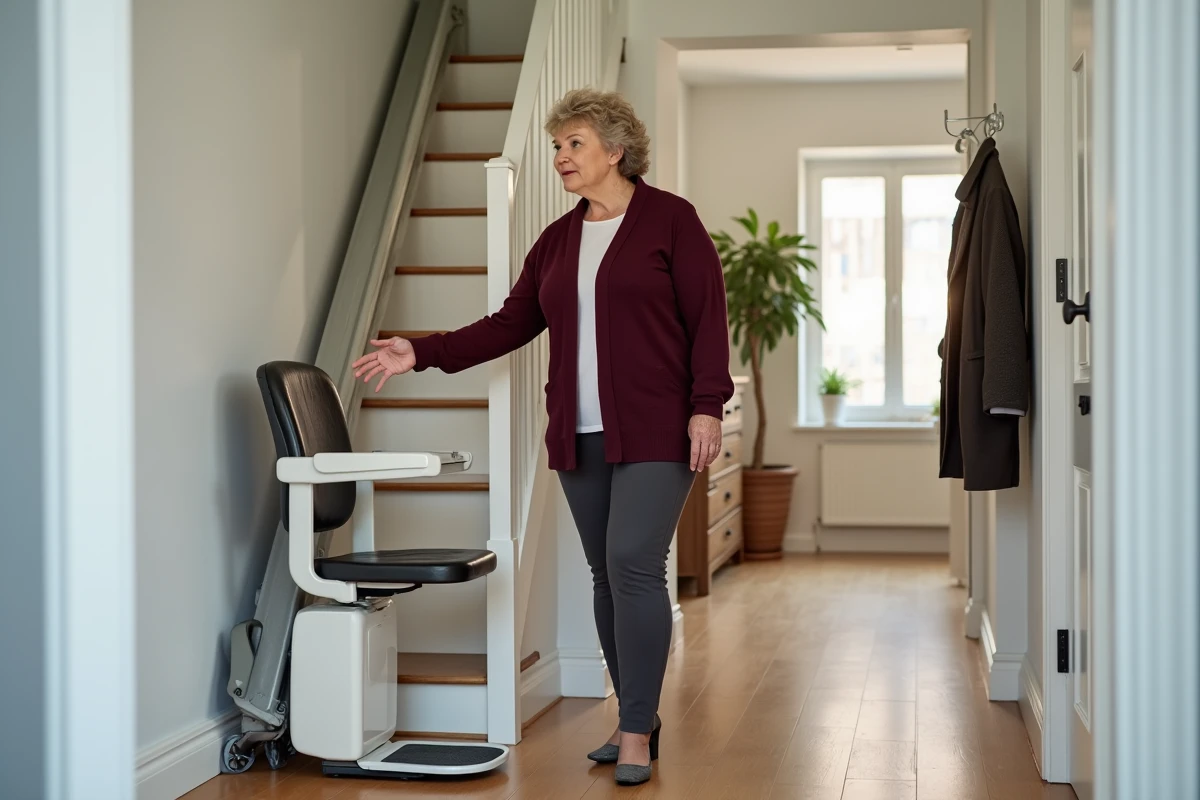 Femme en surpoids évaluant un monte-escalier portable au pied d'un escalier moderne en appartement