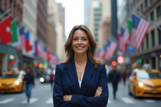 Femme en costume marine dans une ville internationale