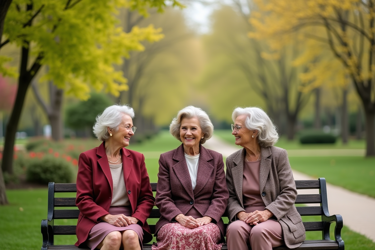 Trois femmes souriantes assises sur un banc dans un parc au printemps
