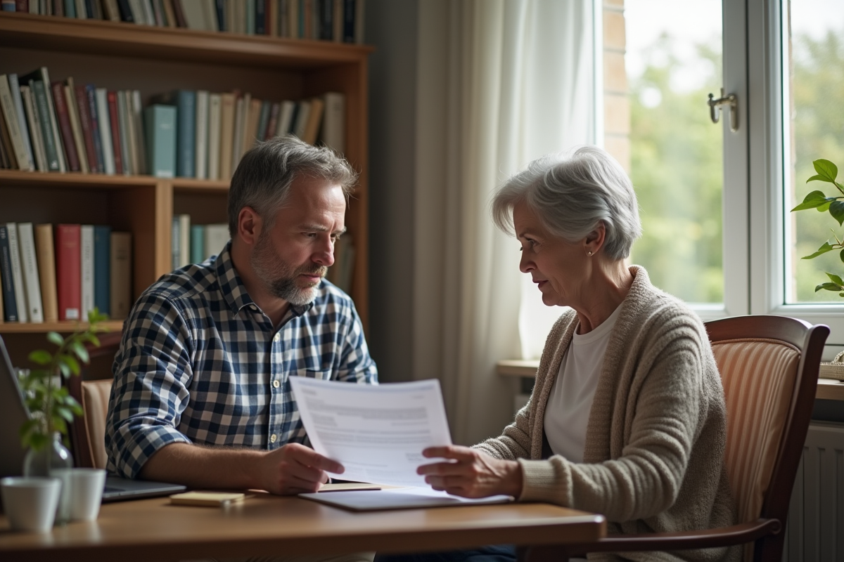 Fils aidant sa mère à gérer des documents médicaux