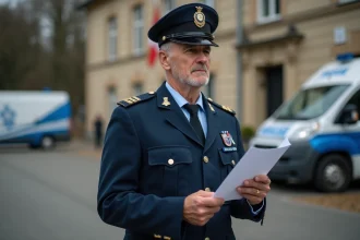 Gendarme à la retraite devant la station de gendarmerie