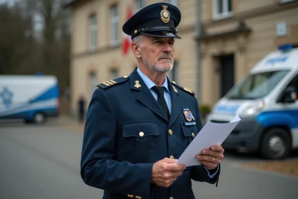 Gendarme à la retraite devant la station de gendarmerie
