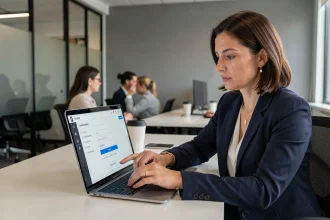 Professionnelle connectée à un portail de gestion de comptes sécurisé sur son ordinateur portable en open space