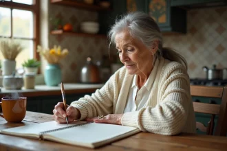 Grand-mère écrivant un poème dans un carnet à la table de cuisine en bois, ambiance chaleureuse et rustique