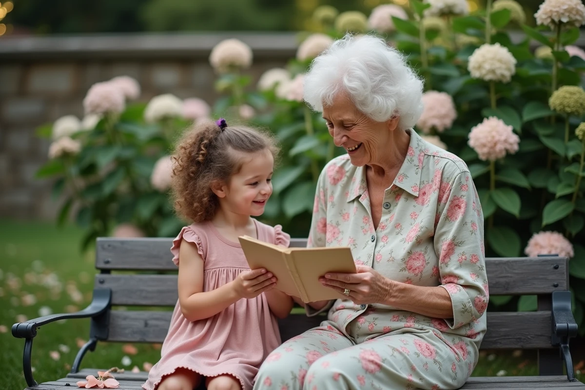 Grand-mère lisant un poème personnalisé à sa petite-fille dans un jardin fleuri en été