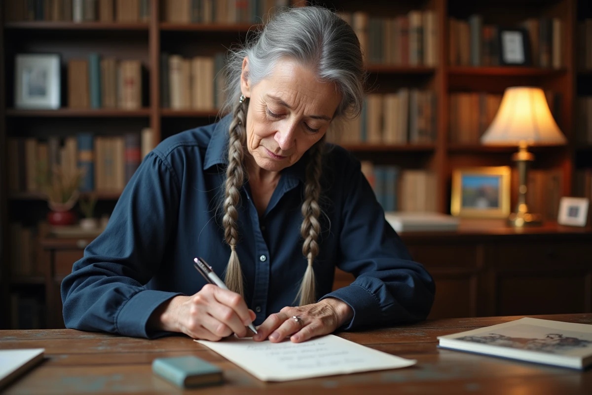 Grand-mère glissant un poème personnalisé dans une enveloppe dans une bibliothèque à domicile chaleureuse