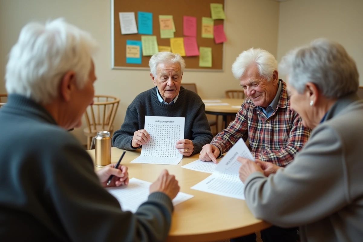 Groupe de personnes âgées jouant ensemble à des mots mêlés imprimés lors d'un après-midi de jeux en salle