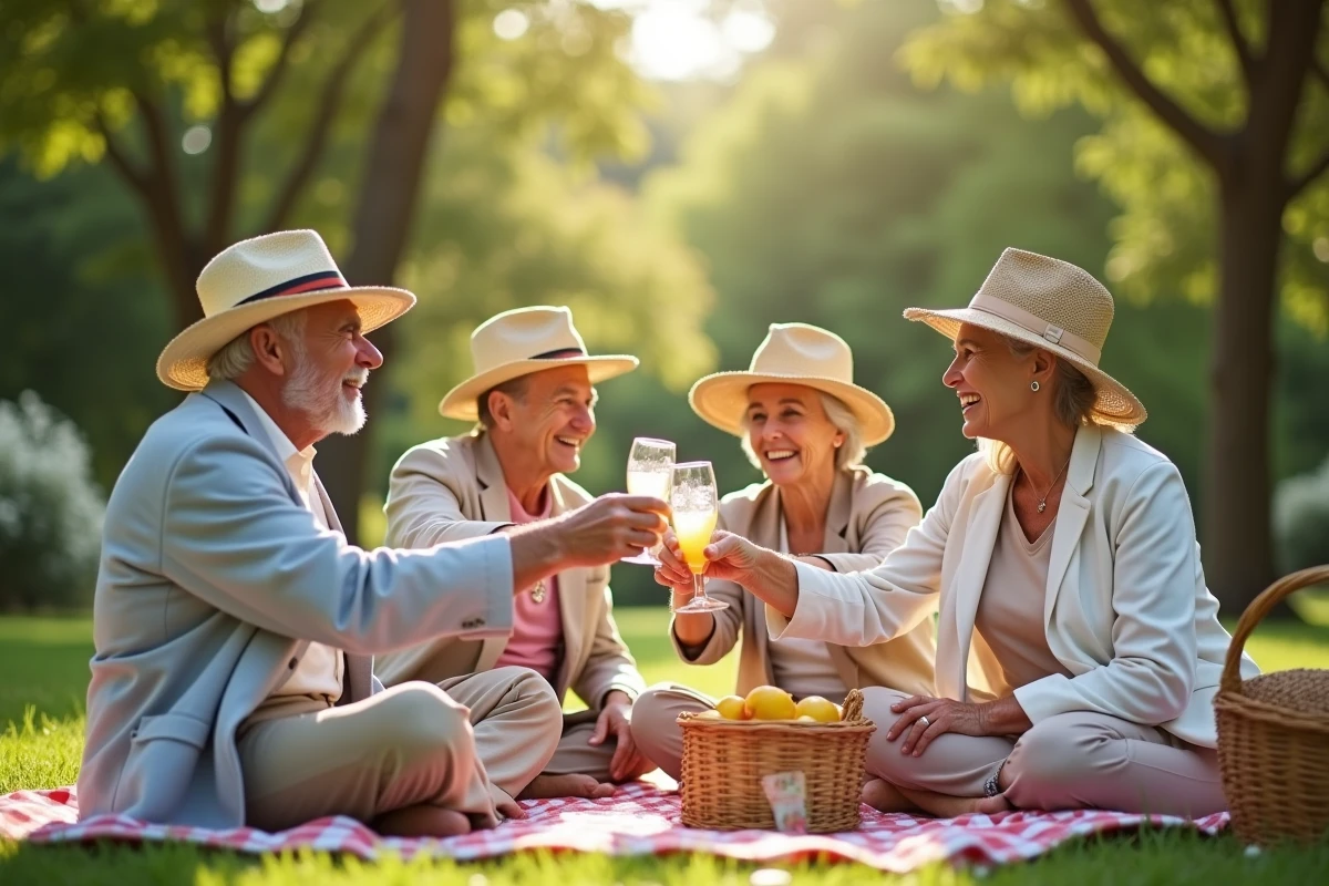 Groupe de seniors souriants lors d un pique-nique d anniversaire