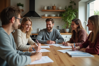 Groupe d'adultes signant des documents de colocation dans une cuisine lumineuse