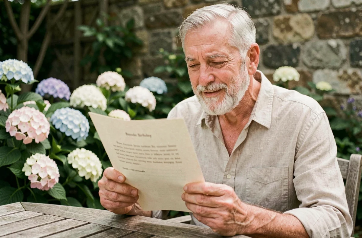 Homme de 70 ans lisant une lettre d'anniversaire émouvante dans un jardin fleuri