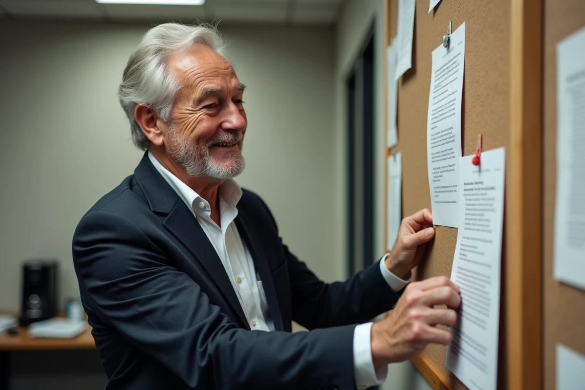 Homme épinglant une lettre de retraite sur un tableau