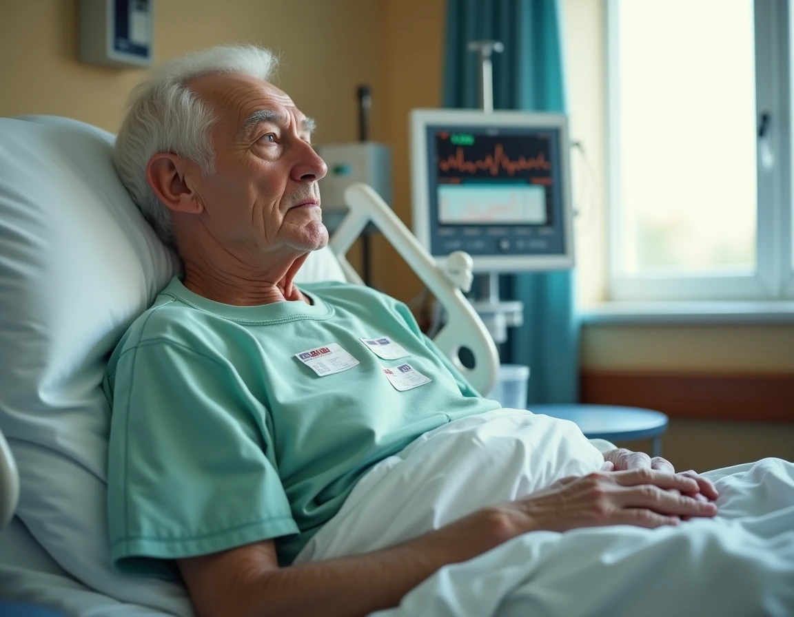 Homme âgé hospitalisé avec électrodes ECG et tensiomètre illustrant les complications cardiaques liées à l'hypokaliémie et aux arythmies