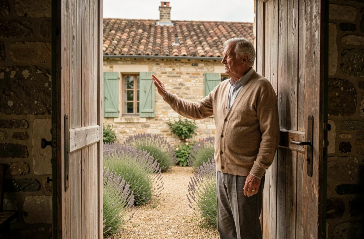 Homme âgé devant une maison de famille en pierre dans le cadre d'une succession patrimoniale
