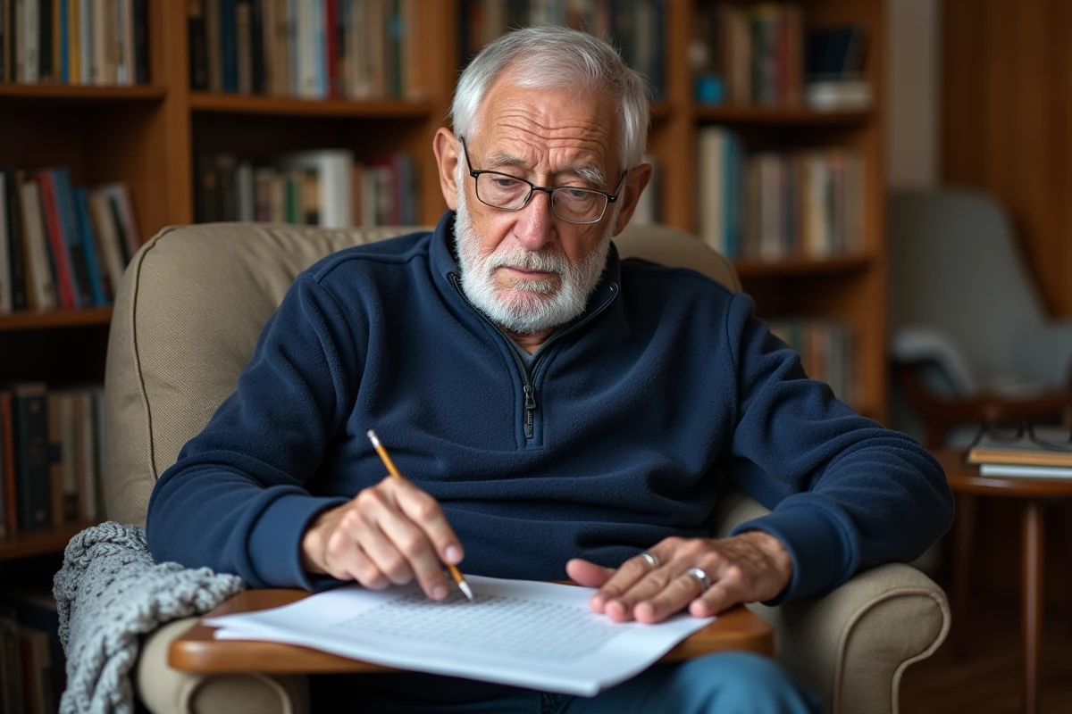 Homme âgé résolvant un mot mêlé en grands caractères dans son fauteuil confortable à la maison
