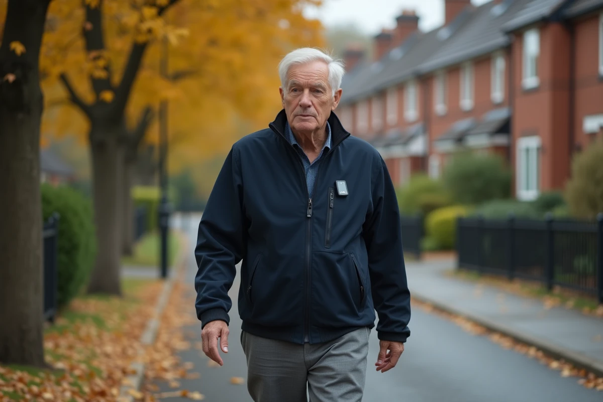 Homme âgé portant un traceur GPS discret lors d'une promenade dans un quartier résidentiel sécurisé