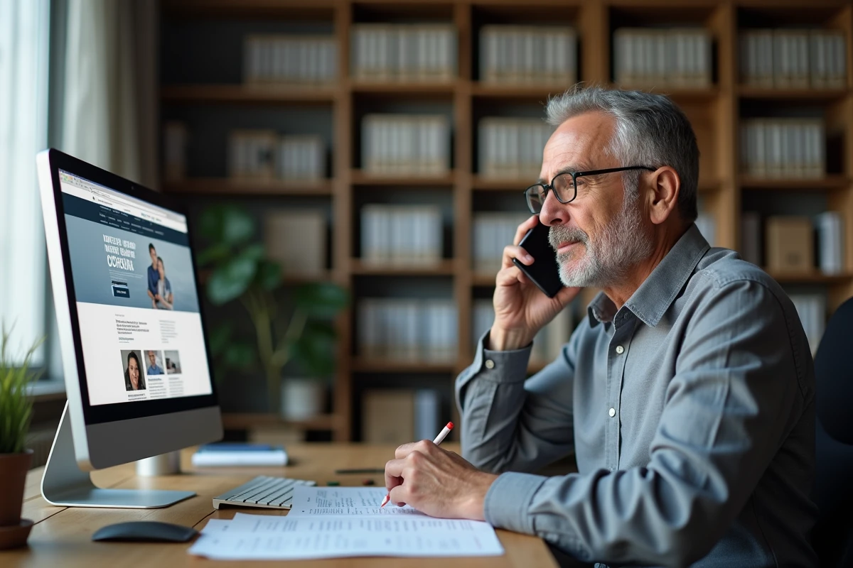 Homme en train d'appeler la CNAV depuis son bureau avec ordinateur et documents retraite