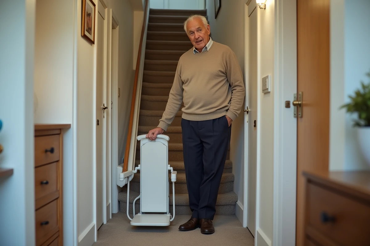 Homme âgé montrant un ascenseur portable dans une maison