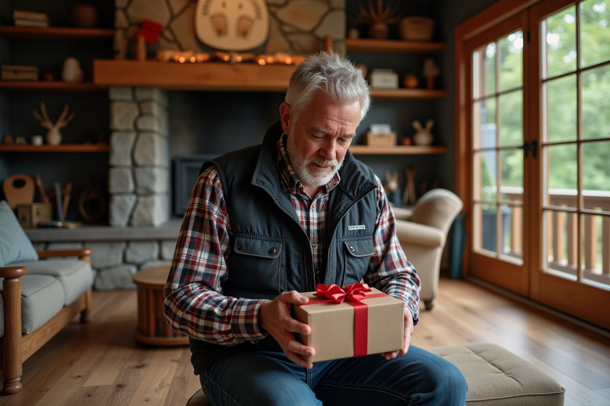 Homme de 60 ans déballant un multitool près de la cheminée