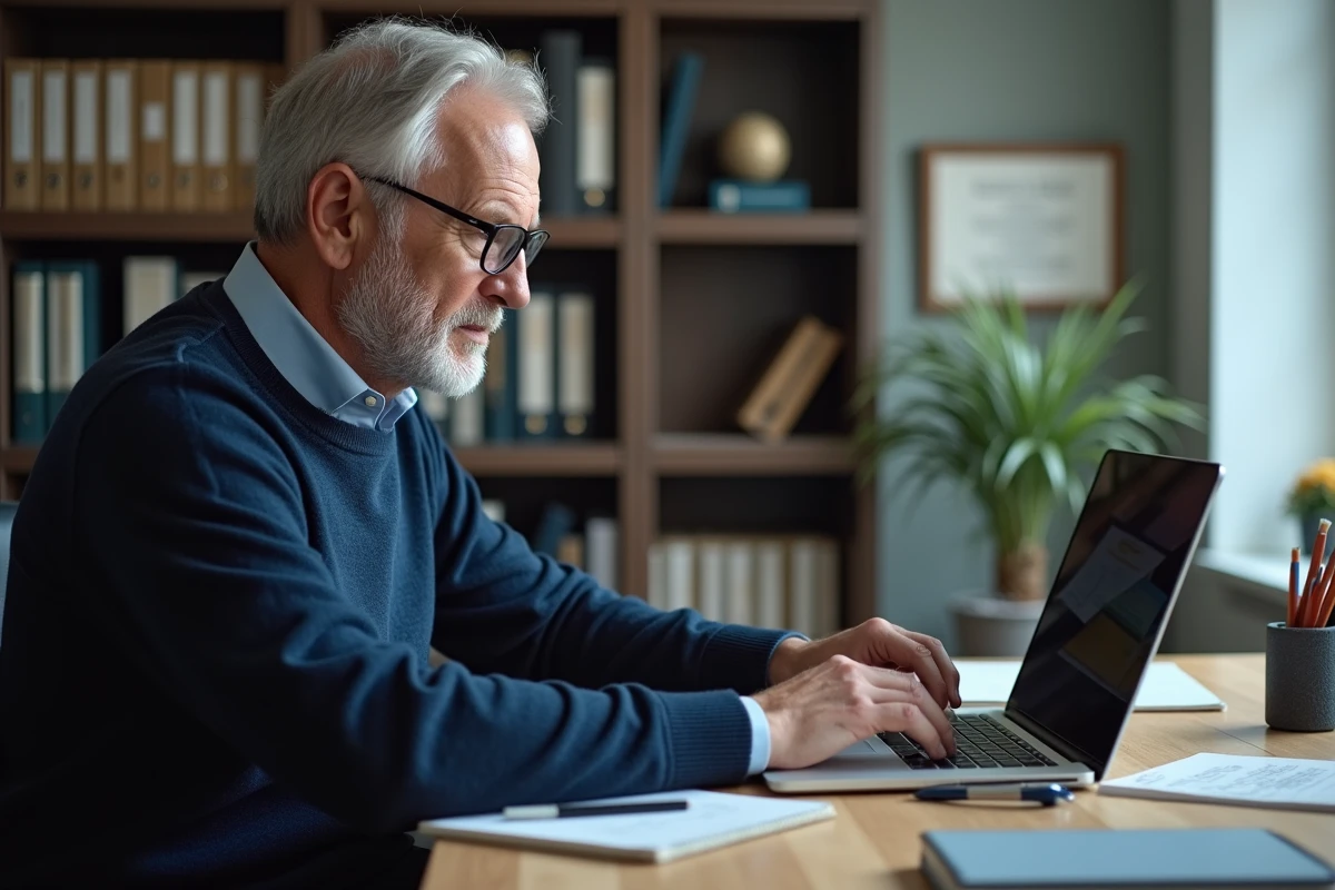 Homme consultant son compte retraite scolinfo sur un ordinateur portable dans un bureau à domicile