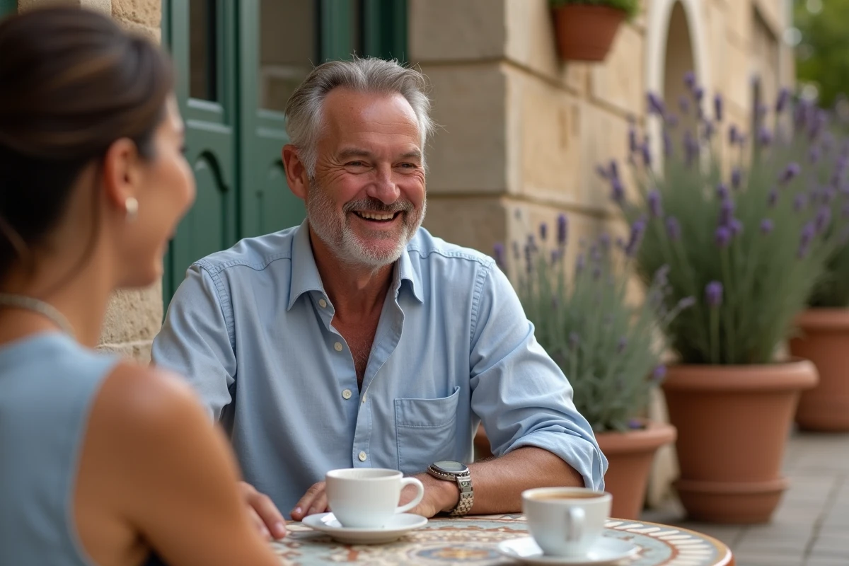 Homme distingué d'une soixantaine d'années riant à une terrasse de café provençal avec une femme en face de lui