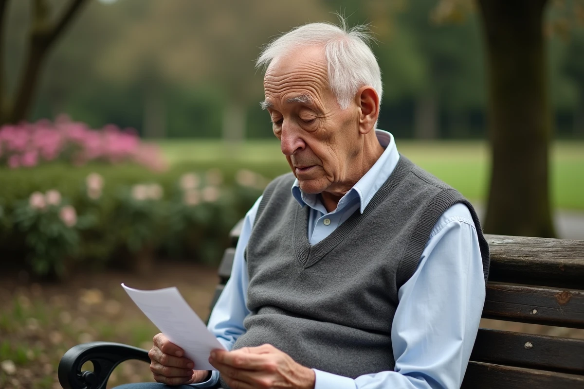 Homme âgé regardant une note de condoléances dans un parc paisible