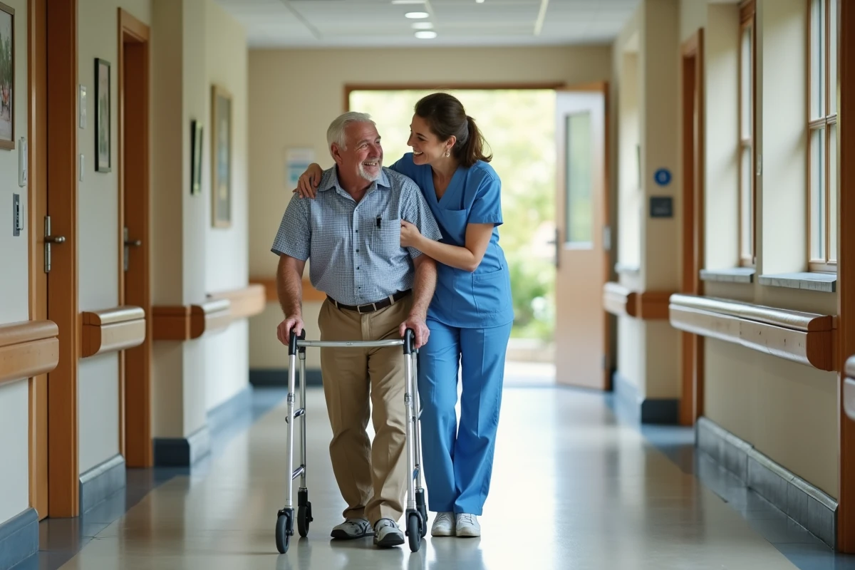 Homme âgé avec aide dans un couloir de maison de retraite