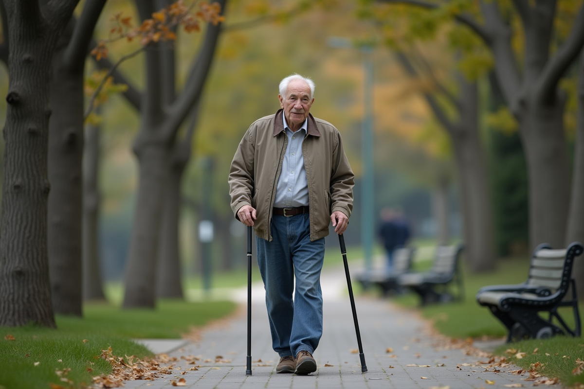 Homme âgé marchant dans un parc calme avec canne