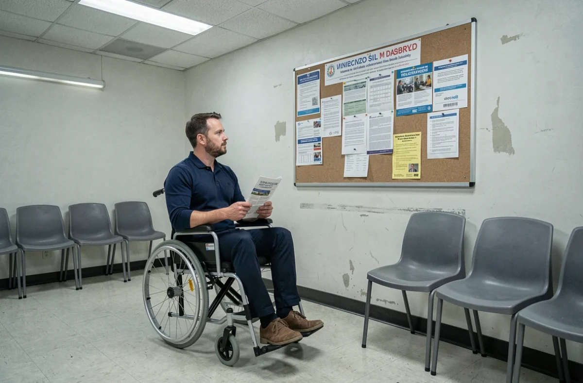 Homme en fauteuil roulant dans une salle d'attente administrative consultant des informations sur l'AAH 2026