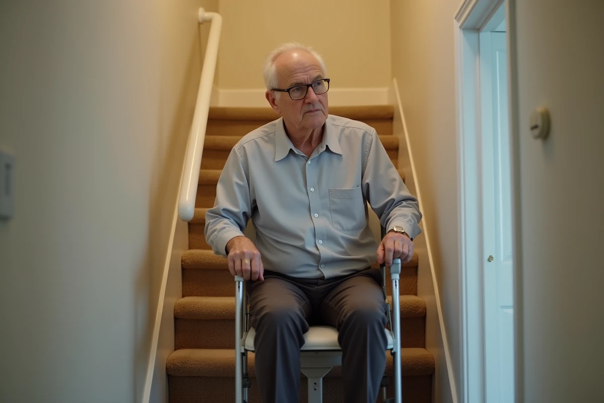 Homme âgé en fauteuil pliant dans un couloir d