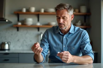 Homme d'âge moyen examinant une puce GPS high-tech dans la cuisine