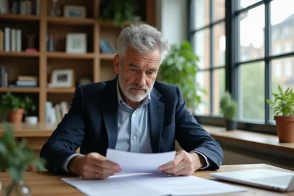 Homme d'âge moyen examine des documents de retraite à la maison