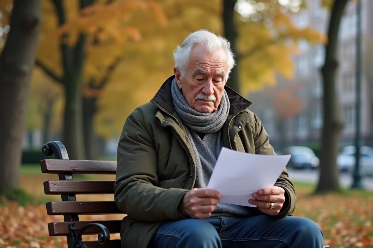 Homme âgé examinant une déclaration de pension dans un parc