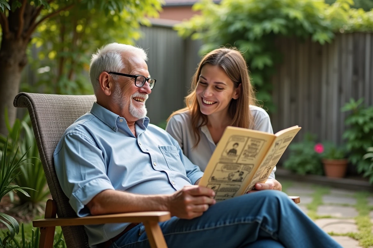 Homme âgé lisant un comic dans le jardin avec sa fille