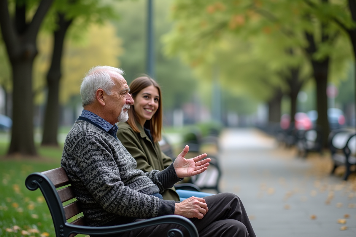 Homme âgé discutant dans un parc urbain