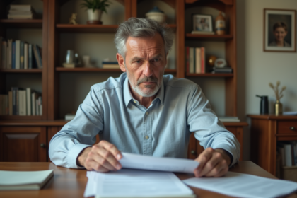 Homme d'âge moyen réfléchissant avec des papiers à la maison