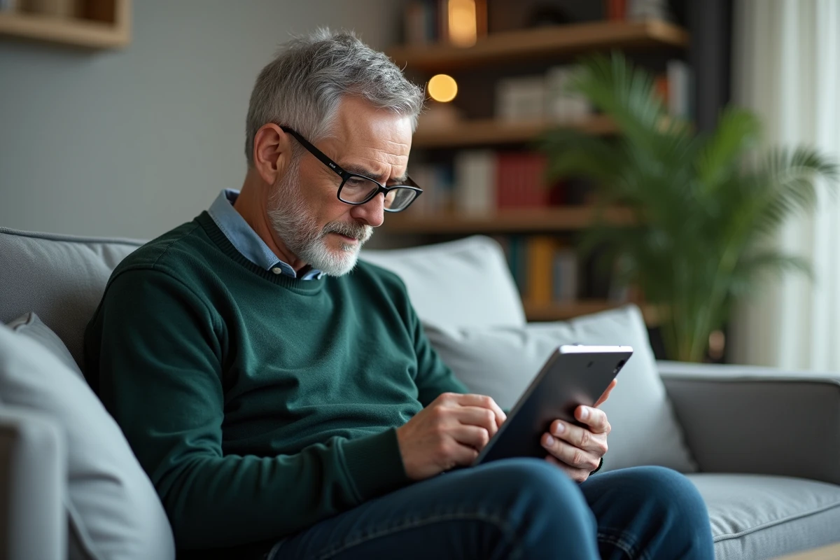 Homme retraité consultant son espace personnel Agirc Arrco sur une tablette numérique depuis son salon