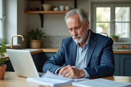 Homme français en retraite avec documents dans une cuisine moderne