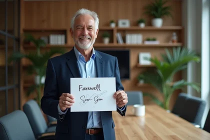 Homme senior souriant avec carte d'adieu dans un bureau moderne