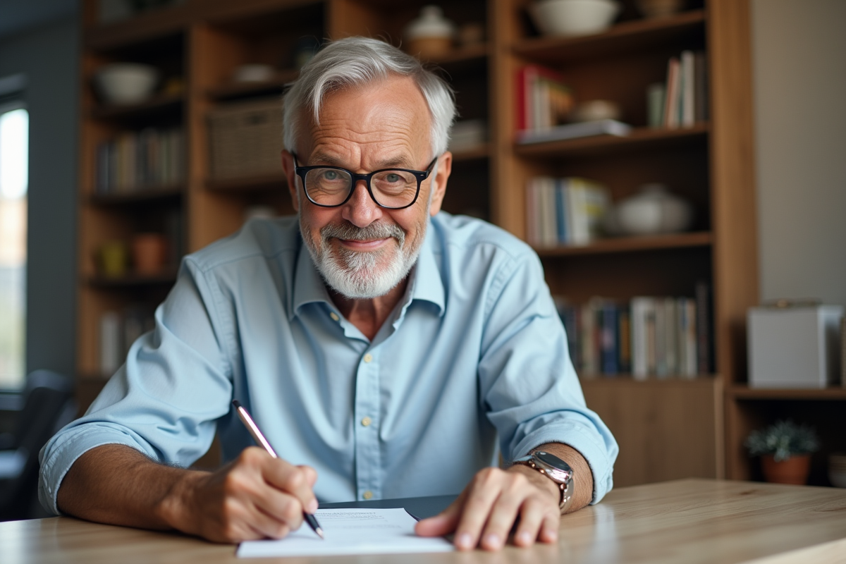 Homme senior en intérieur regardant ses notes à table