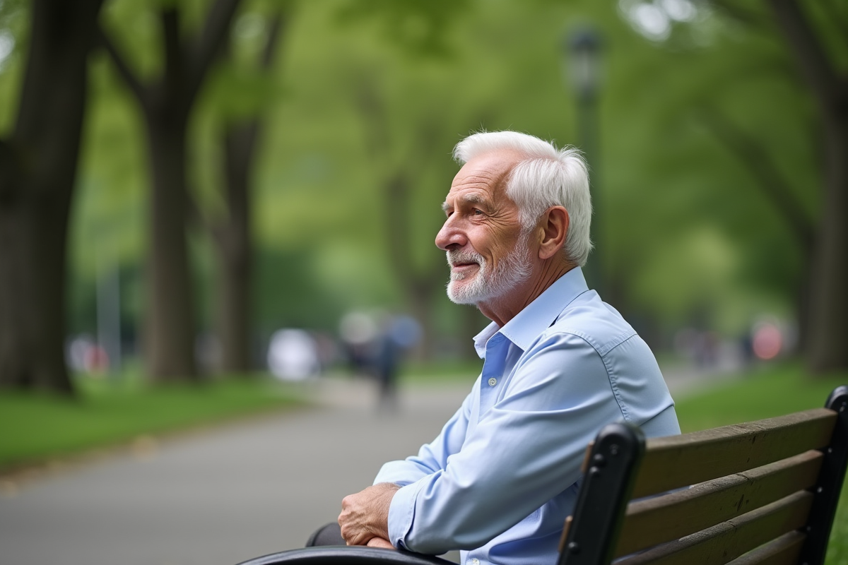 Homme âgé assis sur un banc dans un parc calme