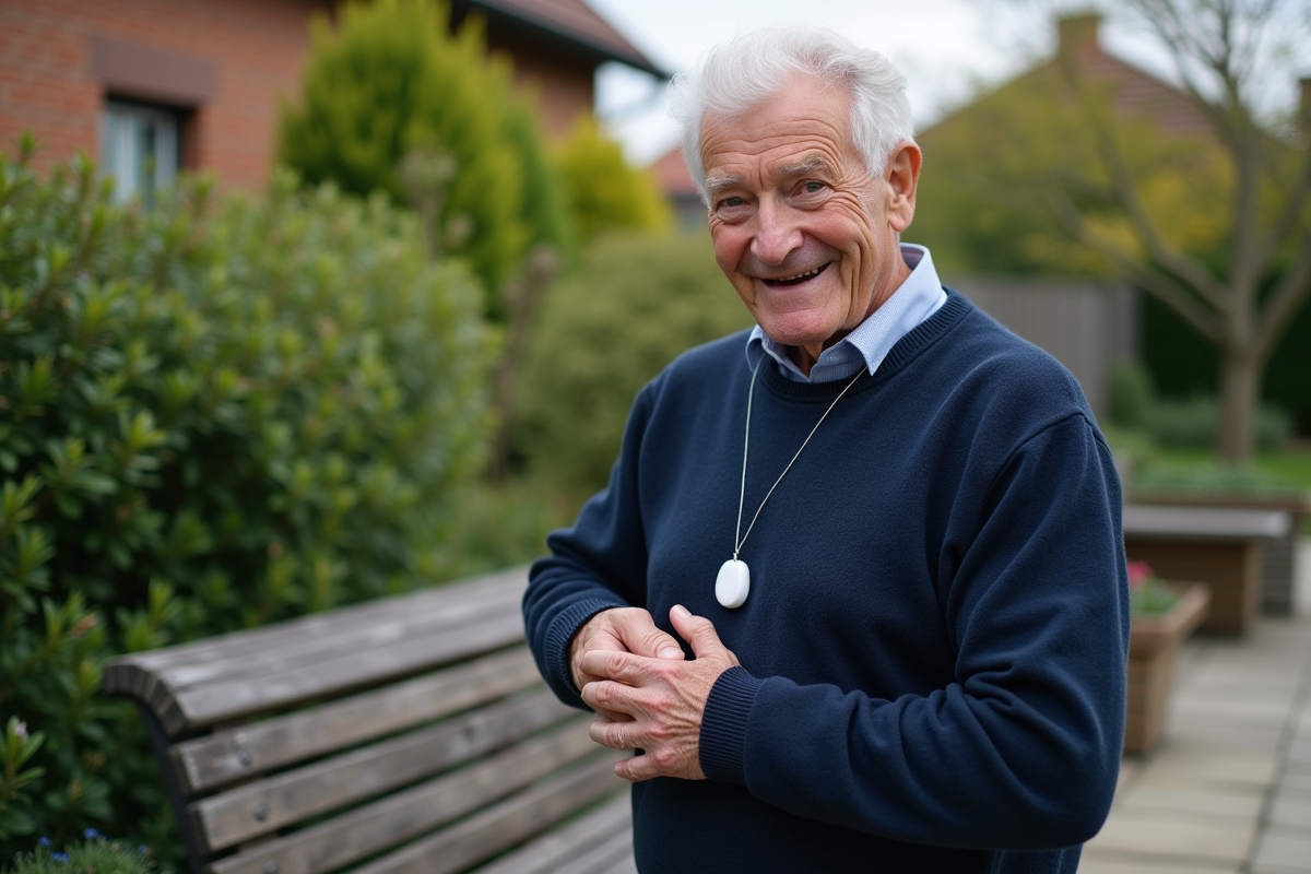 Homme âgé montrant un pendentif d