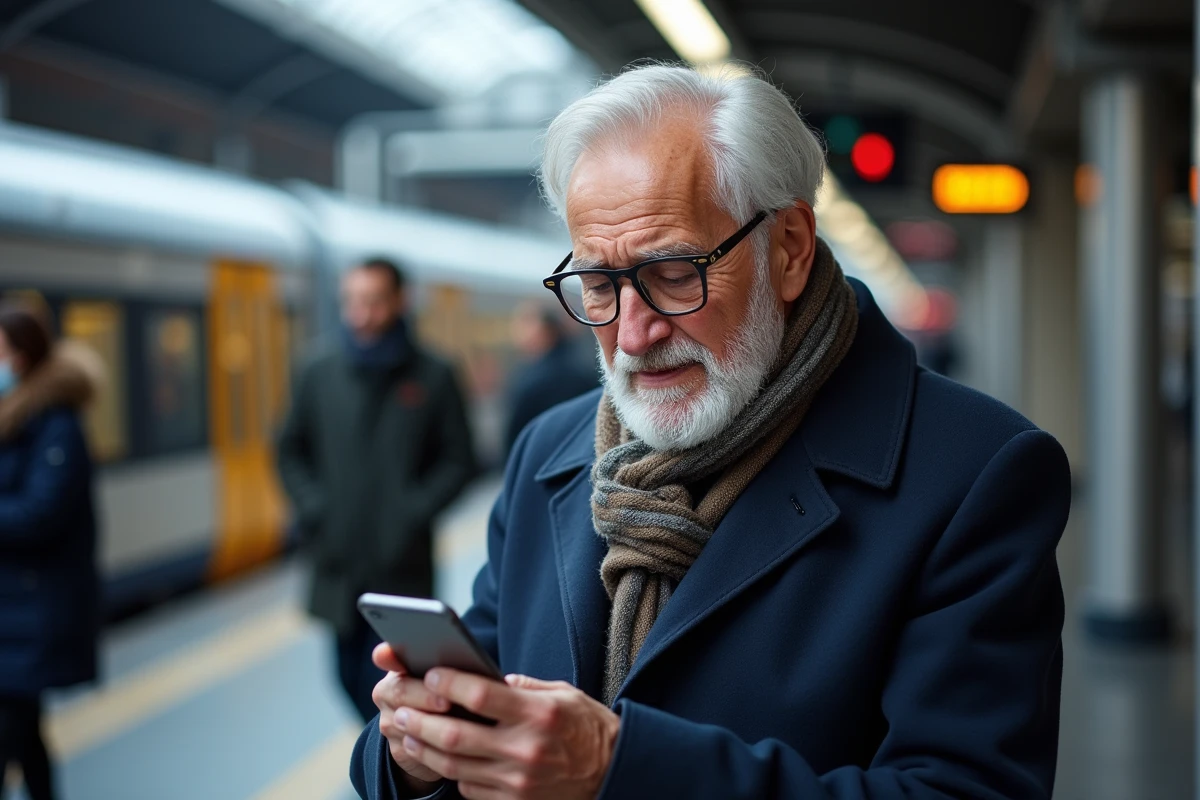 Homme senior regardant sa carte SNCF sur smartphone à la gare