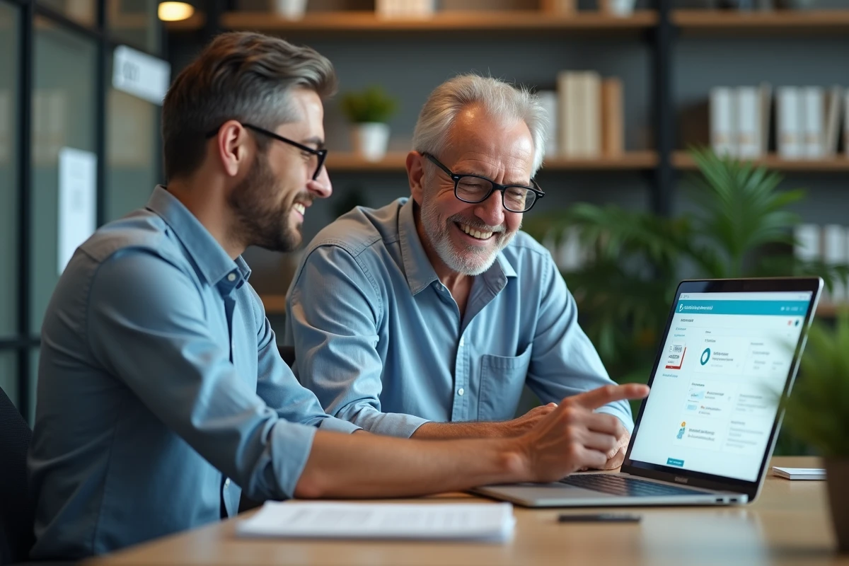 Homme âgé et professionnel regardant une application sur un laptop