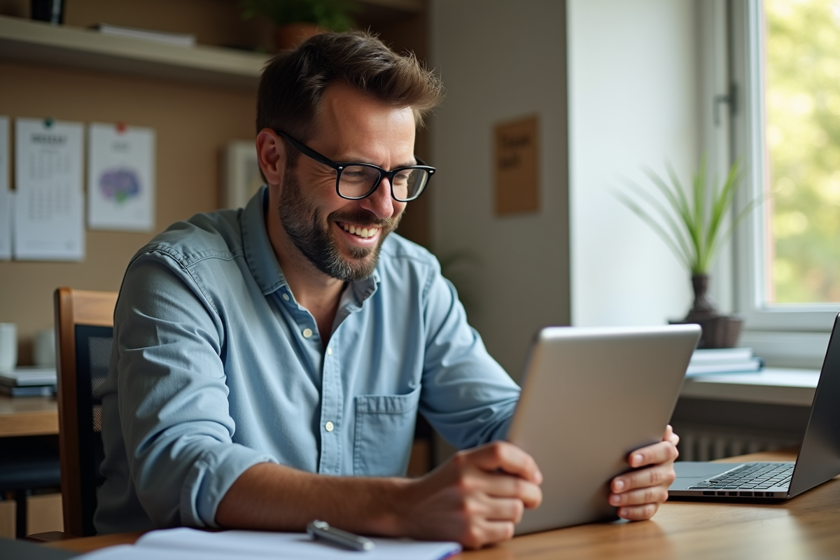 Homme en visioconference dans un bureau à domicile ensoleille